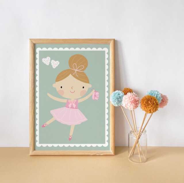 Ballerina Nursery Print Floral Hearts, Scallop Border, Girls Bedroom - image 1