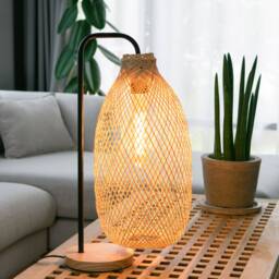 Handwoven Bamboo Table Lamp - Rustic Rattan Wicker Bedside Basket Light - thumbnail 2