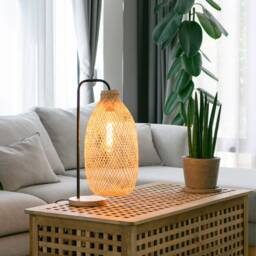 Handwoven Bamboo Table Lamp - Rustic Rattan Wicker Bedside Basket Light - thumbnail 3