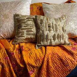 Handmade Golden Embroidered Silk Cushion Cover Diwali Decor - 12x12 Inch - thumbnail 3
