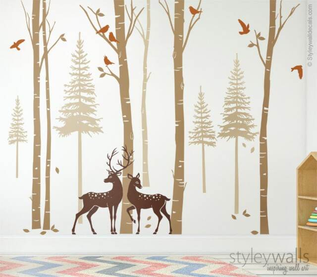 Birch Trees Wall Decal, Forest Pine Winter With Deer & Birds Sticker For Living Room Decor - image 1