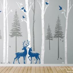 Birch Trees Wall Decal, Forest Pine Winter With Deer & Birds Sticker For Living Room Decor - thumbnail 3