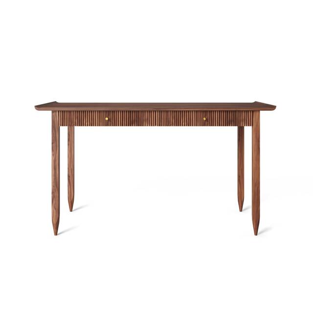 Mid Century Modern Walnut Desk With Slatted Drawers, Brass Accents - image 1