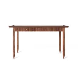 Mid Century Modern Walnut Desk With Slatted Drawers, Brass Accents