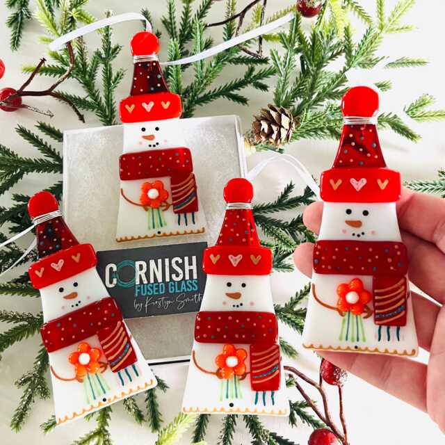 Gorgeous Traditional Red Snowman Fused Glass Christmas Decoration - Tree Decoration, Cornwall, Cornish - image 1