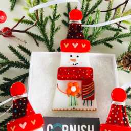 Gorgeous Traditional Red Snowman Fused Glass Christmas Decoration - Tree Decoration, Cornwall, Cornish - thumbnail 2