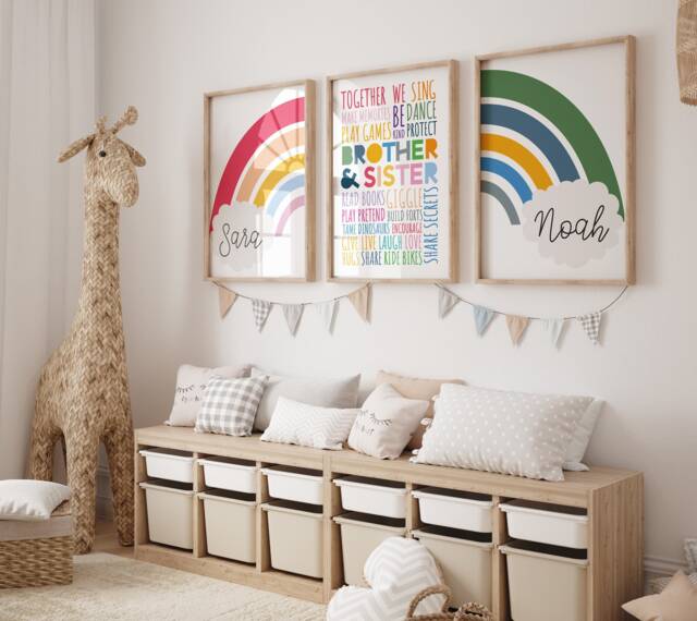 Set Of 3 Playroom Prints, Brother Sister Bedroom Sibling Rainbow Wall Art, Colourful Playroom, Kids - image 1