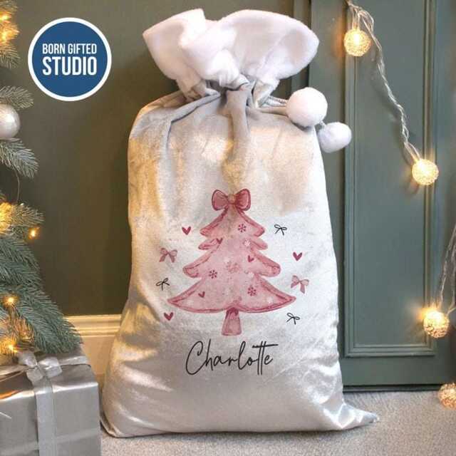 Girl's Personalised Pink & Silver Fleece Christmas Tree Santa Sack - image 1
