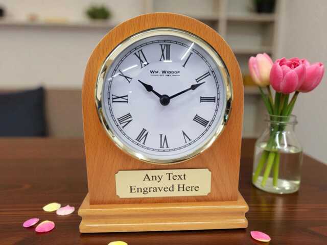 Personalised Wooden Arched Mantel Clock Wedding/ Anniversary/ Birthday/ Retirement - image 1
