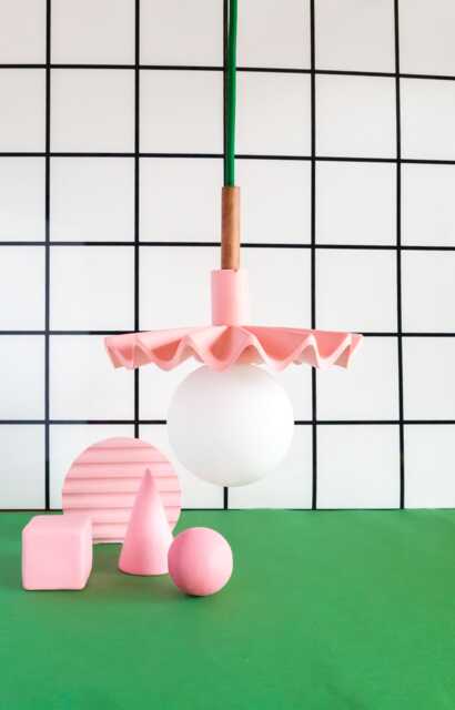 Jesmonite Pendant Light Pink Wavy Hanging Lamp With Green Cable - image 1