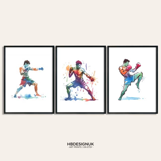 Muay Thai Poster Print Set - 3 Prints - Wall Art Gifts Boxing Gift Watercolour Martial Arts Decor Boys Bedroom Artwork - image 1