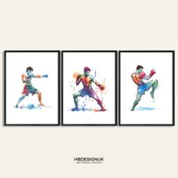 Muay Thai Poster Print Set - 3 Prints - Wall Art Gifts Boxing Gift Watercolour Martial Arts Decor Boys Bedroom Artwork - thumbnail 1
