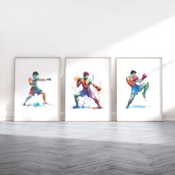 Muay Thai Poster Print Set - 3 Prints - Wall Art Gifts Boxing Gift Watercolour Martial Arts Decor Boys Bedroom Artwork - thumbnail 2