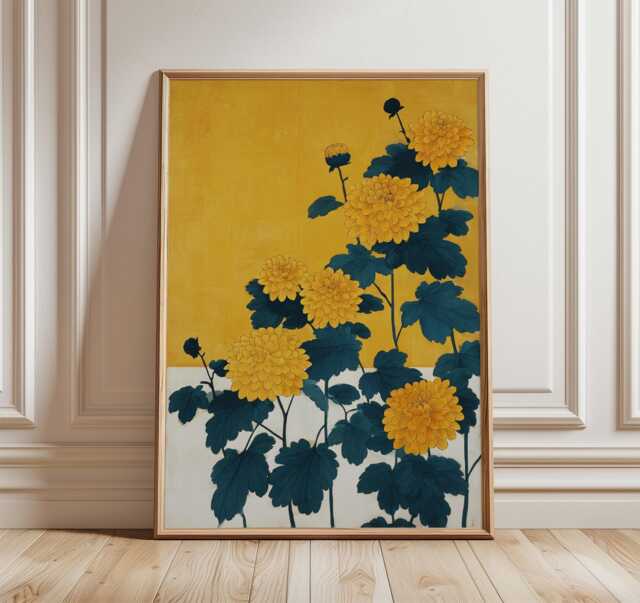 Chrysanthemum Floral Poster Yellow Wall Art, Japanese-Inspired Illustration Print With Bold Botanical Design - image 1
