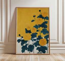 Chrysanthemum Floral Poster Yellow Wall Art, Japanese-Inspired Illustration Print With Bold Botanical Design - thumbnail 1