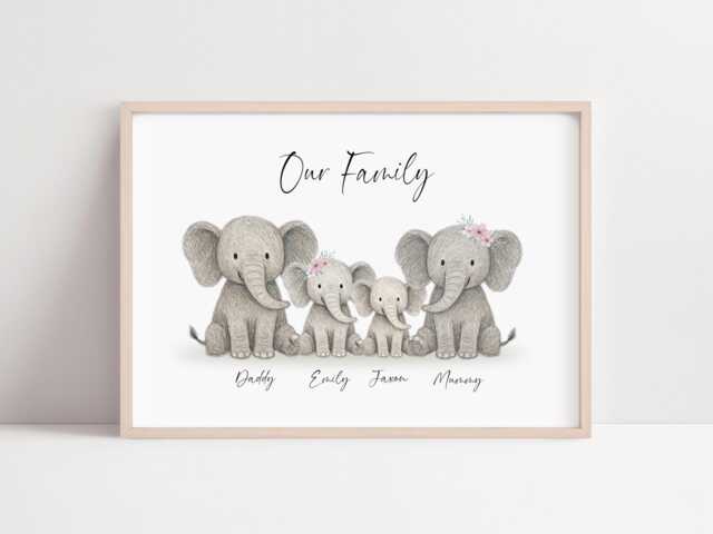 Personalised Elephant Family Gift Print Up To 6 Members Unframed - image 1