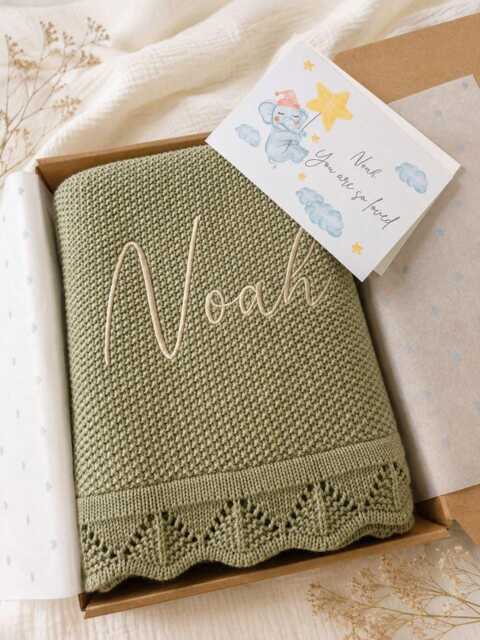 Personalised Embroidered Baby Blanket - Knitted Cotton Custom Name Newborn Gift Shower Keepsake - image 1