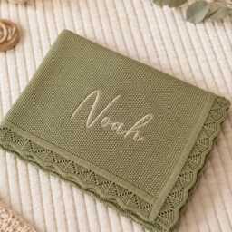 Personalised Embroidered Baby Blanket - Knitted Cotton Custom Name Newborn Gift Shower Keepsake - thumbnail 4