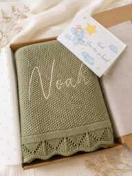 Personalised Embroidered Baby Blanket - Knitted Cotton Custom Name Newborn Gift Shower Keepsake - thumbnail 1