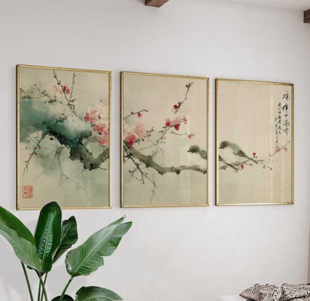 Plum Blossom Sparrows Prints Set Of 3, Japanese Ink Wash Wall Art Triptych Posters - image 1