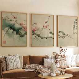 Plum Blossom Sparrows Prints Set Of 3, Japanese Ink Wash Wall Art Triptych Posters - thumbnail 3