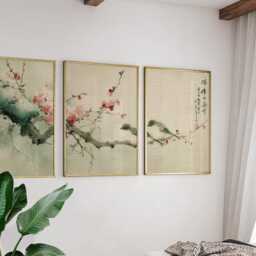Plum Blossom Sparrows Prints Set Of 3, Japanese Ink Wash Wall Art Triptych Posters - thumbnail 2