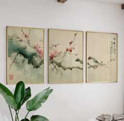 Plum Blossom Sparrows Prints Set Of 3, Japanese Ink Wash Wall Art Triptych Posters - thumbnail 1
