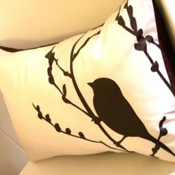 Sale-Brown On Off-White Bird Cherry Blossom Pillow - thumbnail 2