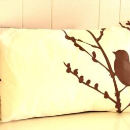 Sale-Brown On Off-White Bird Cherry Blossom Pillow - thumbnail 3
