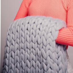 Hand Knit Chunky Wool Blanket, Silver Blue Grey - thumbnail 4