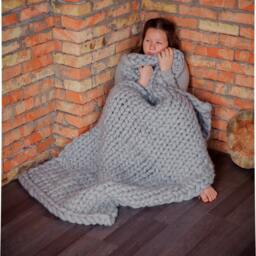 Hand Knit Chunky Wool Blanket, Silver Blue Grey - thumbnail 2