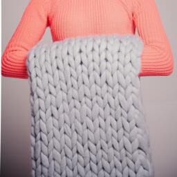 Hand Knit Chunky Wool Blanket, Silver Blue Grey - thumbnail 3