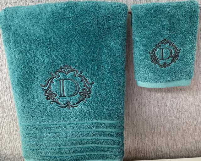 Embroidered Monogram Towels Damask Design, Luxury 650Gms Towels, All Sizes, Any Initial - image 1