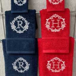 Embroidered Monogram Towels Damask Design, Luxury 650Gms Towels, All Sizes, Any Initial - thumbnail 2