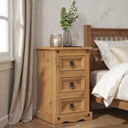 Bedside Table Solid Pine With 3 Drawers, Antique Wax Nightstand