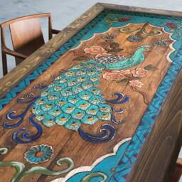 Hand-Carved Peacock Dining Table Floral Acrylic Painted Wood - thumbnail 3