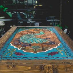 Hand-Carved Peacock Dining Table Floral Acrylic Painted Wood - thumbnail 2