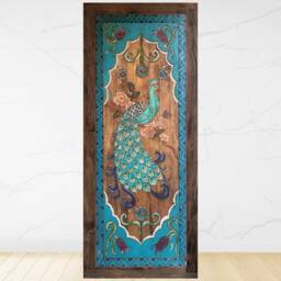 Hand-Carved Peacock Dining Table Floral Acrylic Painted Wood - thumbnail 4