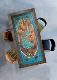 Hand-Carved Peacock Dining Table Floral Acrylic Painted Wood