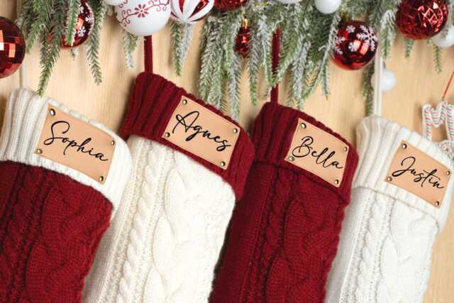 Engraved Leather Patch Christmas Stocking Personalized Cable Knit Decor - image 1