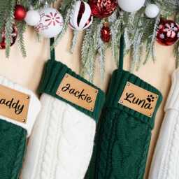 Engraved Leather Patch Christmas Stocking Personalized Cable Knit Decor - thumbnail 3