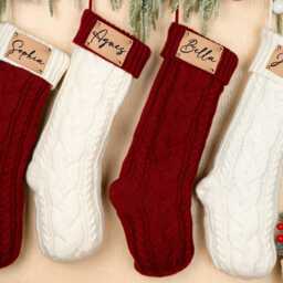 Engraved Leather Patch Christmas Stocking Personalized Cable Knit Decor - thumbnail 2
