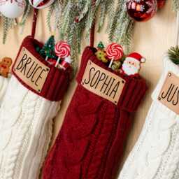 Engraved Leather Patch Christmas Stocking Personalized Cable Knit Decor - thumbnail 4