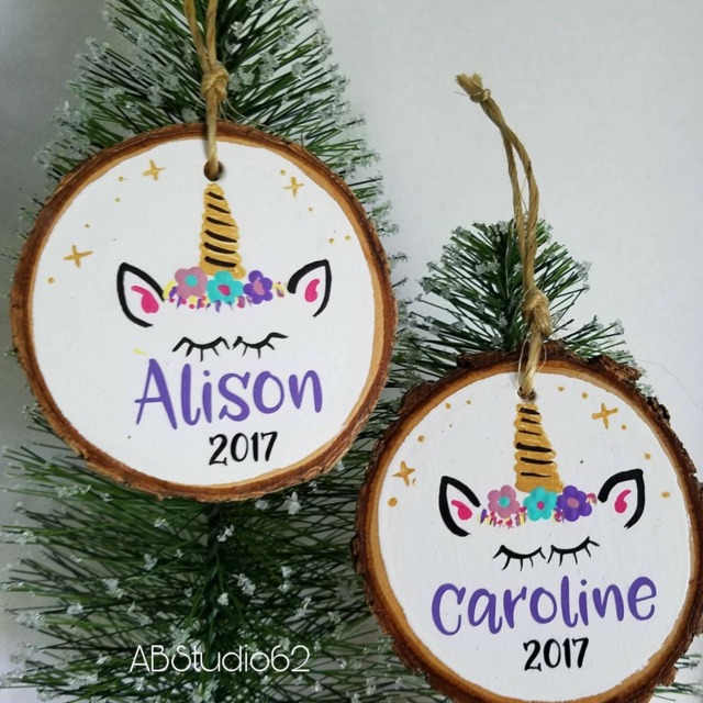Personalized Unicorn Christmas Ornament Hand-Painted Wood Slice Decoration - image 1