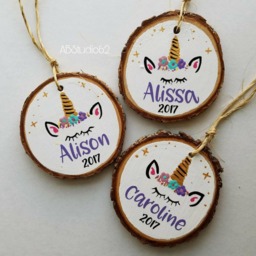 Personalized Unicorn Christmas Ornament Hand-Painted Wood Slice Decoration - thumbnail 2