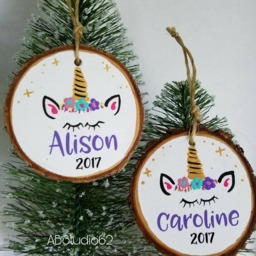 Personalized Unicorn Christmas Ornament Hand-Painted Wood Slice Decoration - thumbnail 1