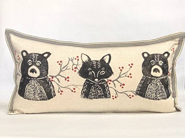 Woodland Bear & Fox Print Kidney Pillow Hand Printed Decorative Pillow - image 1