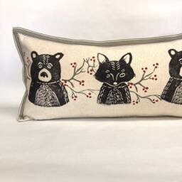 Woodland Bear & Fox Print Kidney Pillow Hand Printed Decorative Pillow - thumbnail 2