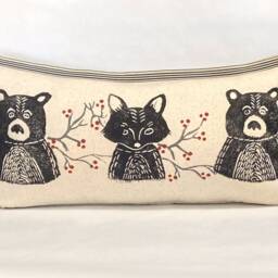 Woodland Bear & Fox Print Kidney Pillow Hand Printed Decorative Pillow - thumbnail 3