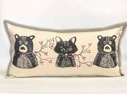 Woodland Bear & Fox Print Kidney Pillow Hand Printed Decorative Pillow - thumbnail 1